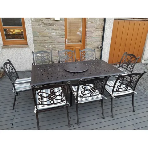 BOXED CANOUAN 8-PERSON PATIO DINING SET WITH RECTANGULAR TABLE, CUSHIONS INCLUDED (5 BOXES)