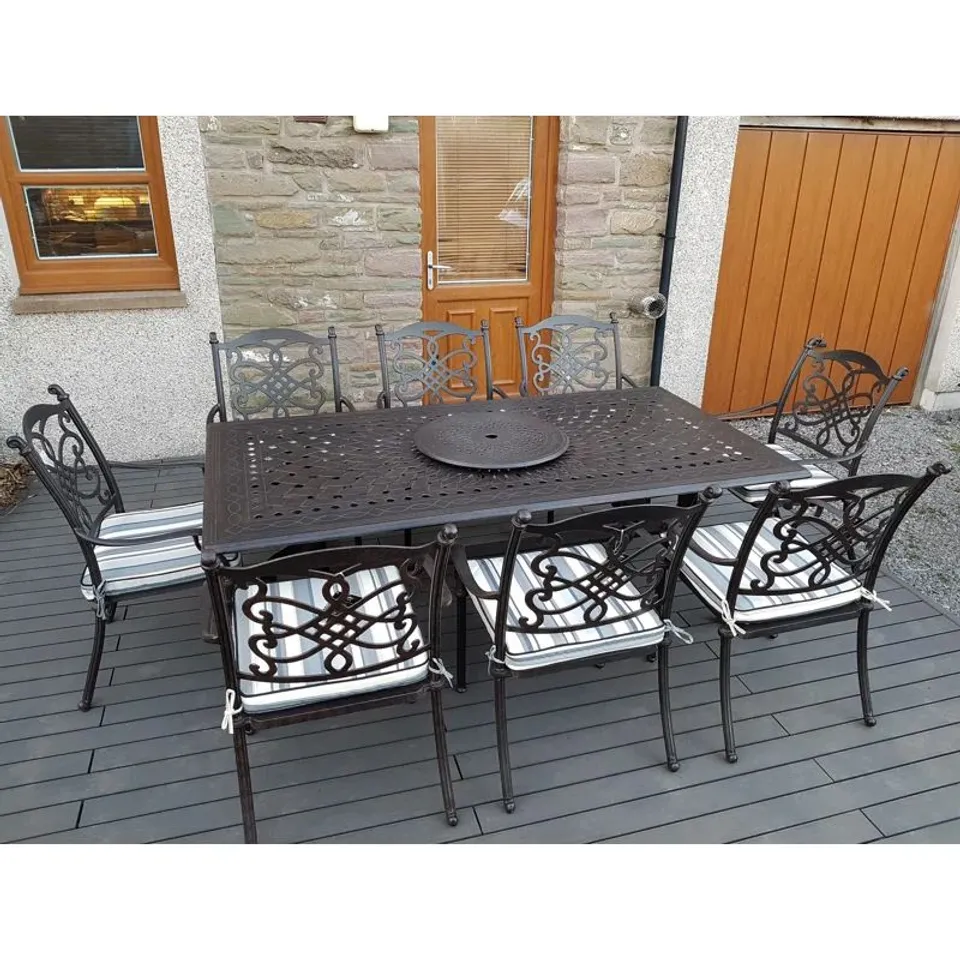BOXED CANOUAN 8-PERSON PATIO DINING SET WITH RECTANGULAR TABLE, CUSHIONS INCLUDED (5 BOXES)