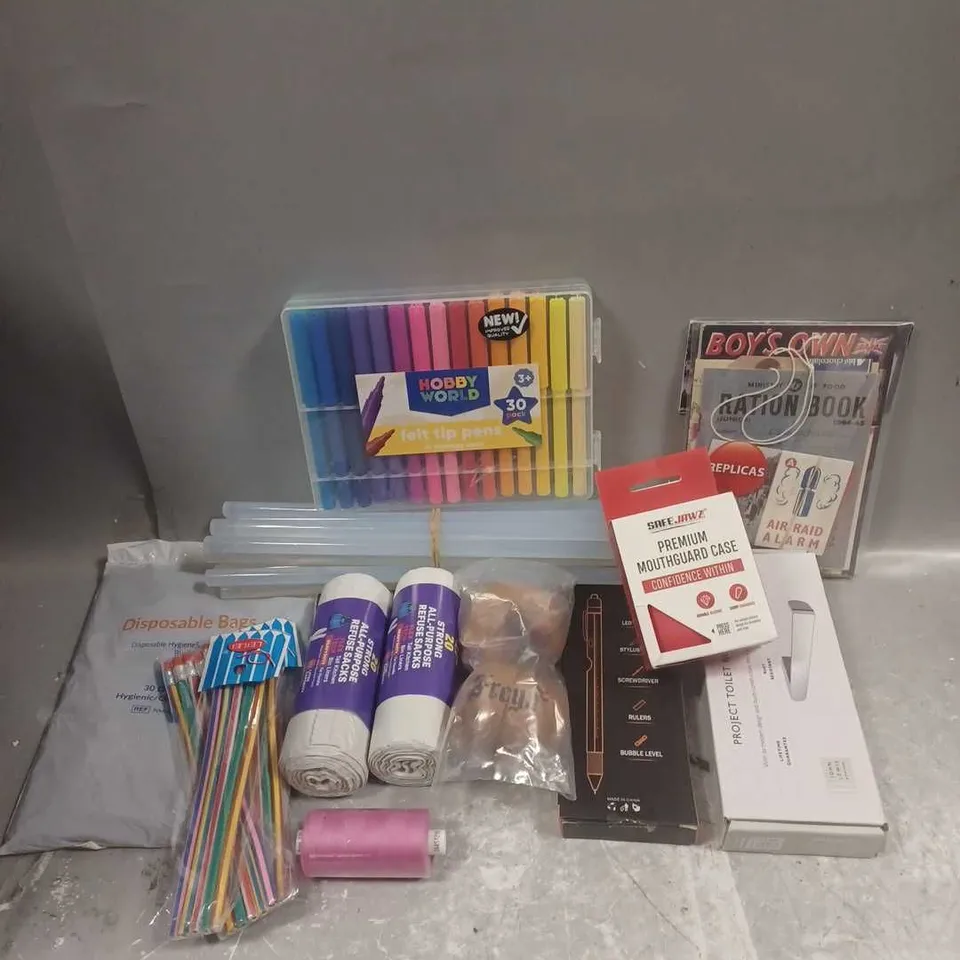 APPROXIMATELY 15 ASSORTED HOUSEHOLD ITEMS TO INCLUDE - SAFE JAWZ MOUTHGUARD CASE - HOBBYWORLD FELT TIP PENS - MULTI-TOOL PEN SET - ETC