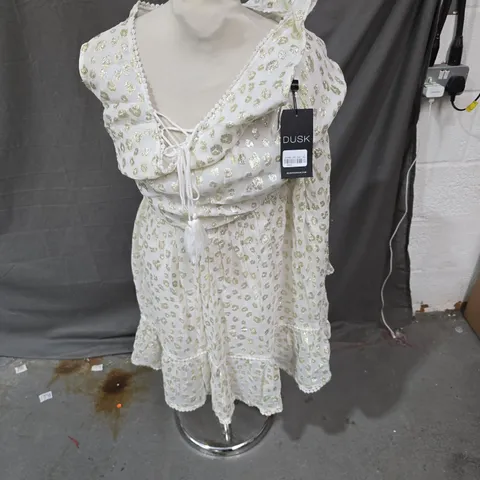 DUSK DRESS – WHITE & GOLD POLKA DOT, LACE-UP FRONT, WOMEN'S UK SIZE 14