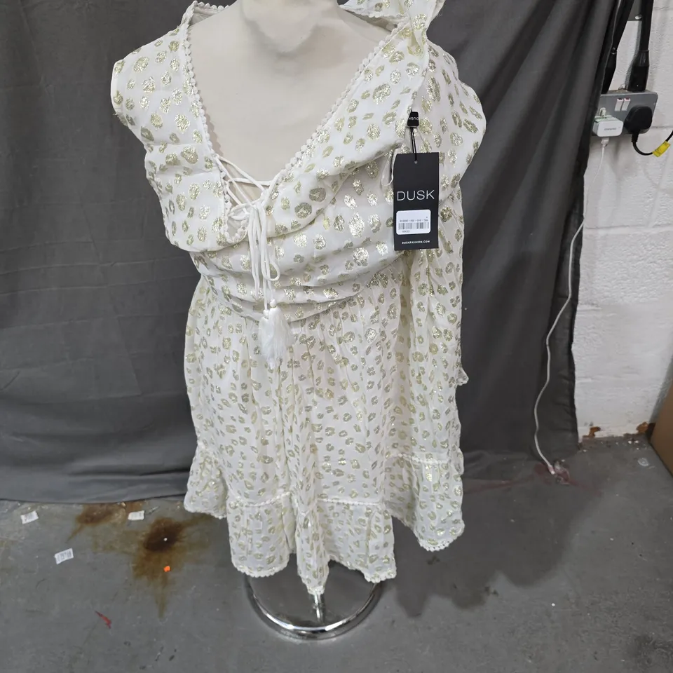 DUSK DRESS – WHITE & GOLD POLKA DOT, LACE-UP FRONT, WOMEN'S UK SIZE 14