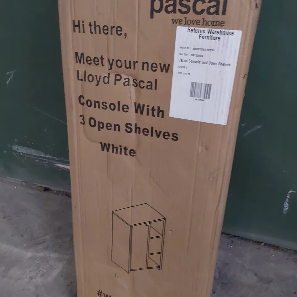 BOXED LLOYD PASCAL CONSOLE WITH 3 OPEN SHELVES WHITE