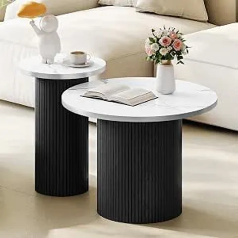 BOXED TOTEBOX SET OF 2 ROUND COFFEE TABLES, SIDE TABLES WITH FAUX MARBLE WHITE TABLE TOP AND ROUND PEDESTAL BASE, BLACK