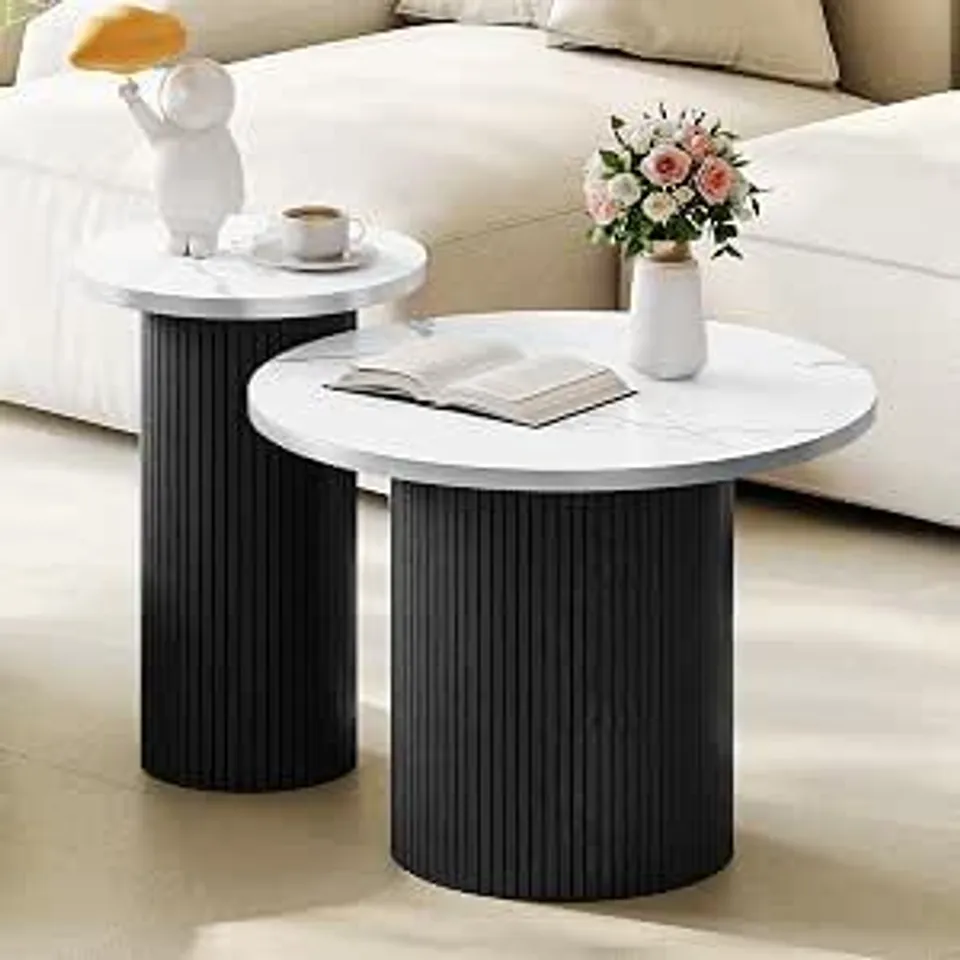 BOXED TOTEBOX SET OF 2 ROUND COFFEE TABLES, SIDE TABLES WITH FAUX MARBLE WHITE TABLE TOP AND ROUND PEDESTAL BASE, BLACK