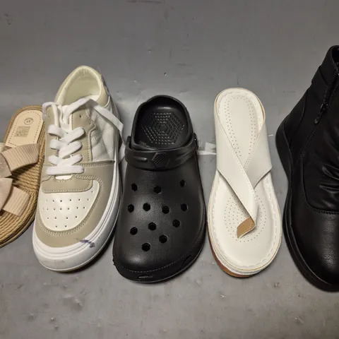 APPROXIMATELY 15 PAIRS OF ASSORTED UNBOXED SHOES TO INCLUDE - FLIP FLOPS - SLIPPERS - TRAINERS ETC