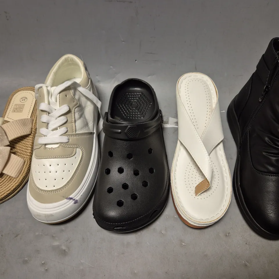 APPROXIMATELY 15 PAIRS OF ASSORTED UNBOXED SHOES TO INCLUDE - FLIP FLOPS - SLIPPERS - TRAINERS ETC