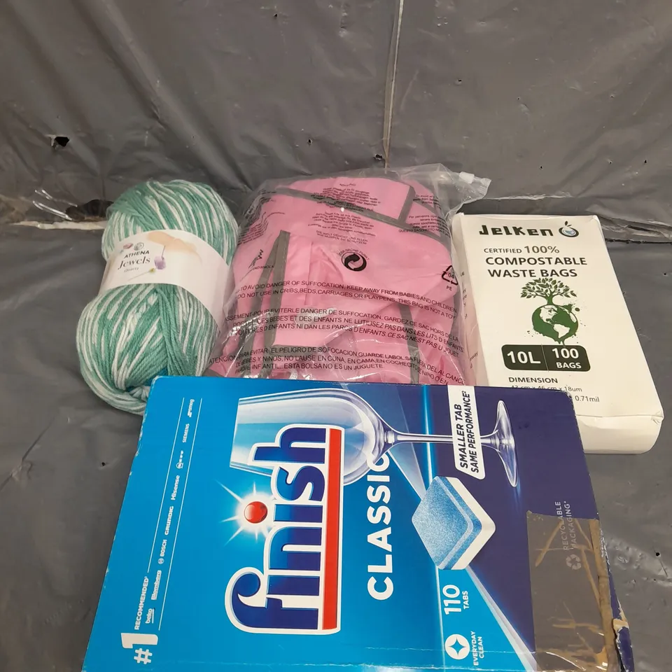 APROXIMATELY 15 ASSORTED HOUSEHOLD ITEMS TO INCLUDE WOOL , WASTE BAGS , FINISH CLASSIC TABLETS , ETC  