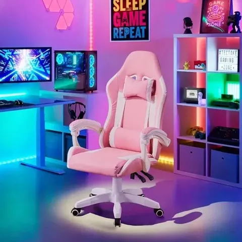 BOXED CLIPOP ERGONOMIC GAMING CHAIR, GAMER ARMCHAIR WITH LUMBAR MASSAGE AND HEADREST, PINK (1 BOX)