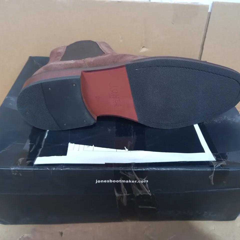 BOXED PAIR OF JONES FAUX SUEDE BOOTS IN BROWN UK SIZE 9