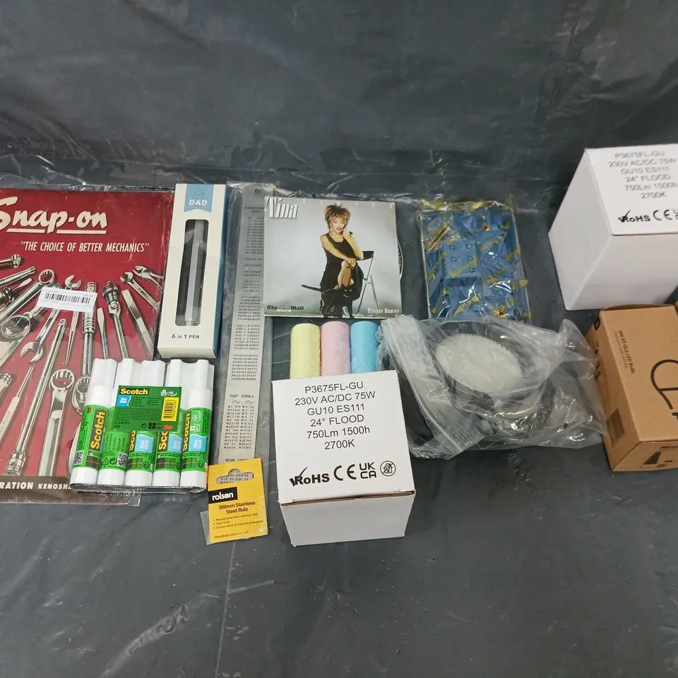 BOX OF APPROXIMATELY 8 ASSORTED ITEMS TO INCLUDE - TOOL POSTER, 6 IN 1 PEN, AND TINA PRIVATE DANCER ETC. 