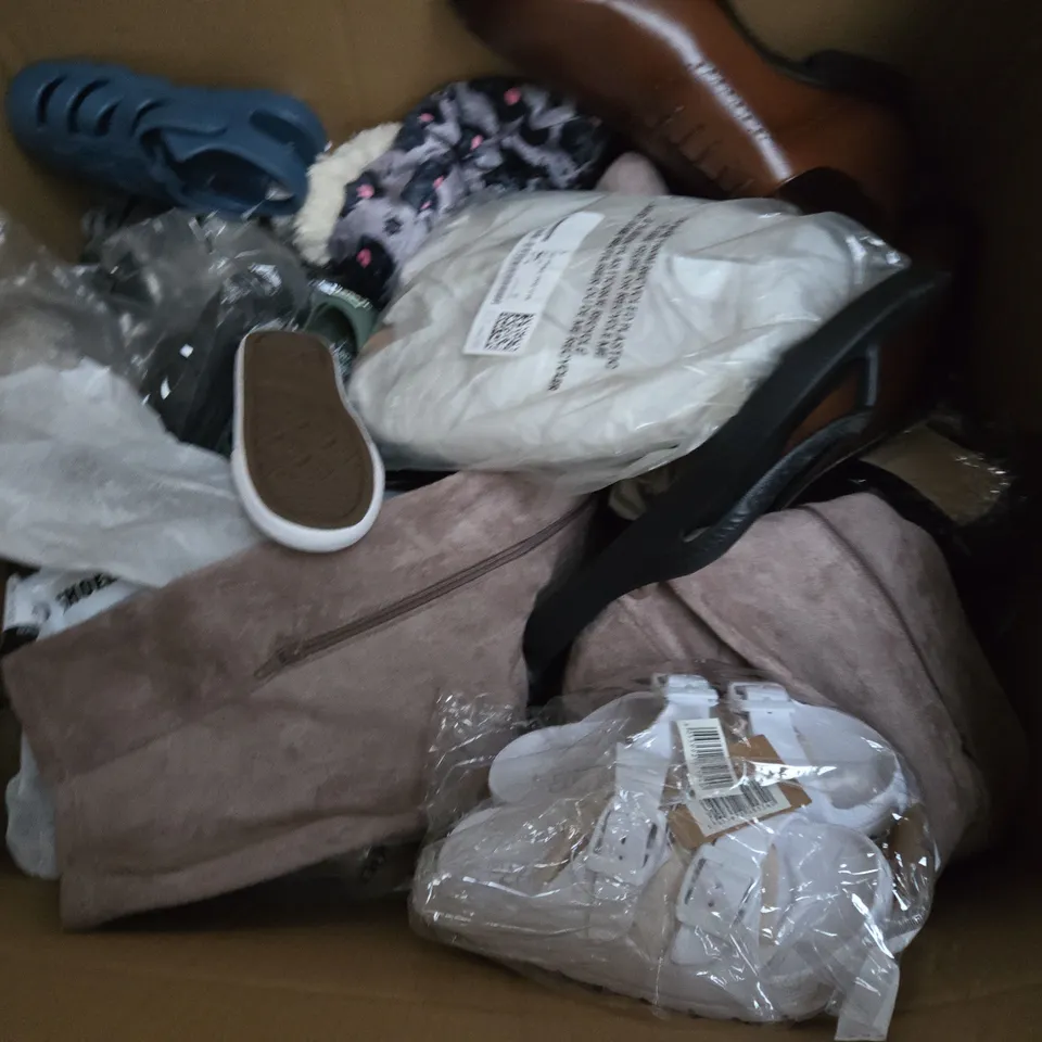 BOX OF APPROXIMATELY 15 ASSORTED SHOES TO INCLUDE HEELS, SANDALS, AND TRAINERS ETC