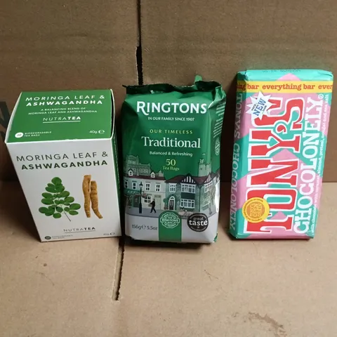 APPROXIMATELY 12 ASSORTED FOOD AND DRINKS ITEMS TO INCLUDE - TONY'S EVERYTHING BAR, RINGTONS TEA BAGS, MORNING LEAF & ASHWAGANDA TEA ETC 