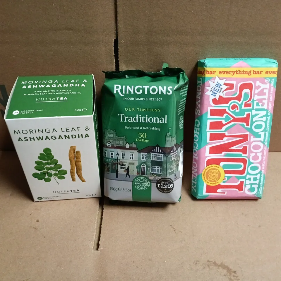 APPROXIMATELY 12 ASSORTED FOOD AND DRINKS ITEMS TO INCLUDE - TONY'S EVERYTHING BAR, RINGTONS TEA BAGS, MORNING LEAF & ASHWAGANDA TEA ETC 