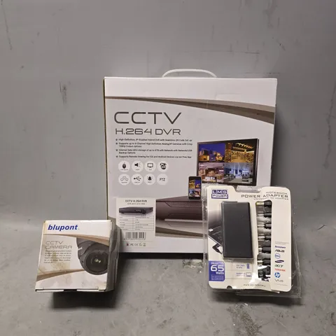 BOX OF APPROXIMATELY 10 ASSORTED ITEMS TO INCLUDE - CCTV H.264 DVR , BLUPONT CCTV CAMERA , LMS POWER NOTE BOOK POWER ADAPTER 