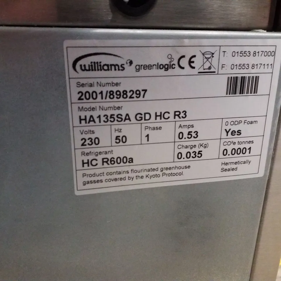 WILLIAMS HA135SA SINGLE DOOR 135LTR UNDERCOUNTER REFRIGERATOR