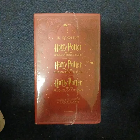 HARRY POTTER BOX SET: THE PHILOSOPHER'S STONE; THE CHAMBER OF SECRETS; THE PRISONER OF AZKABAN – MINALIMA EDITION, 3-VOLUME RED SLIPCASE