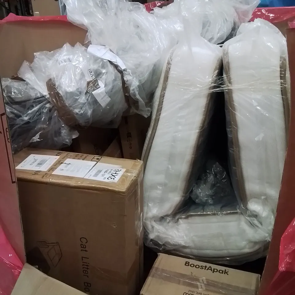 PALLET OF ASSORTED HOUSEHOLD ITEMS AND CONSUMER PRODUCTS TO INCLUDE; MATTRESS, BABY STROLLER, BOOSTER SEAT, CAT LITTER BOX ETC