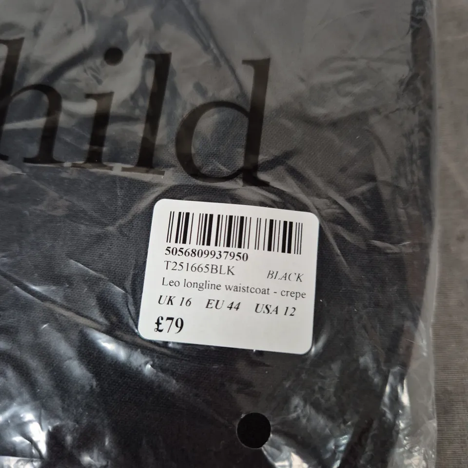 NOBODY'S CHILD LEO LONGLINE WAISTCOAT – BLACK CREPE, UK 16