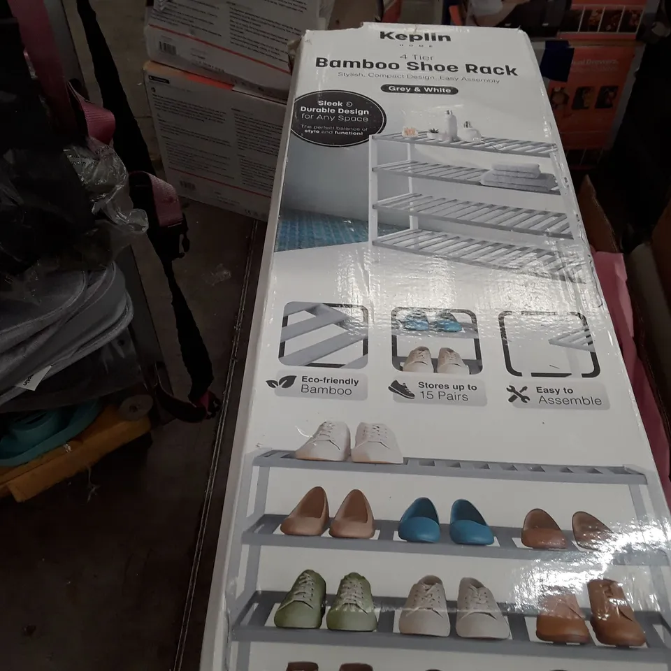 BOXED KEPLIN 4 TIER BANBOO SHOE RACK GREY AND WHITE COLOUR