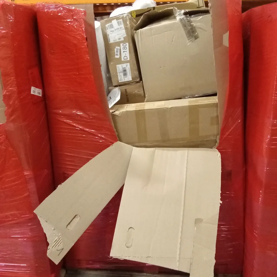 PALLET OF ASSORTED HOUSEHOLD GOODS AND PRODUCTS TO INCLUDE; HOLLYWOOD MAKEUP MIRROR, BADMINTON RACKET, CUTTING MAT ETC