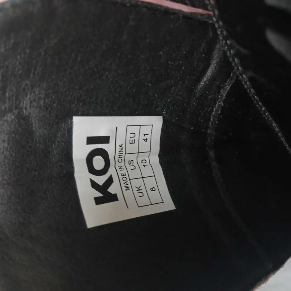 KOI BLACK PATENT PLATFORM LACE-UP BOOTS WITH STRIPED WEDGE HEEL, UK 8