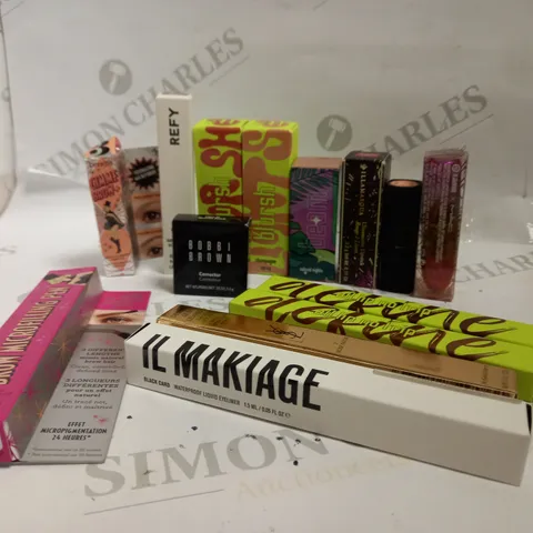 BOX OF APPROX 10 ASSORTED ITEMS INCLUDING BLURSH CHAMPAGNE SPRAY, BENEFIT BROW MICROFILLING PEN AND IL MAKIAGE LIQUID EYELINER