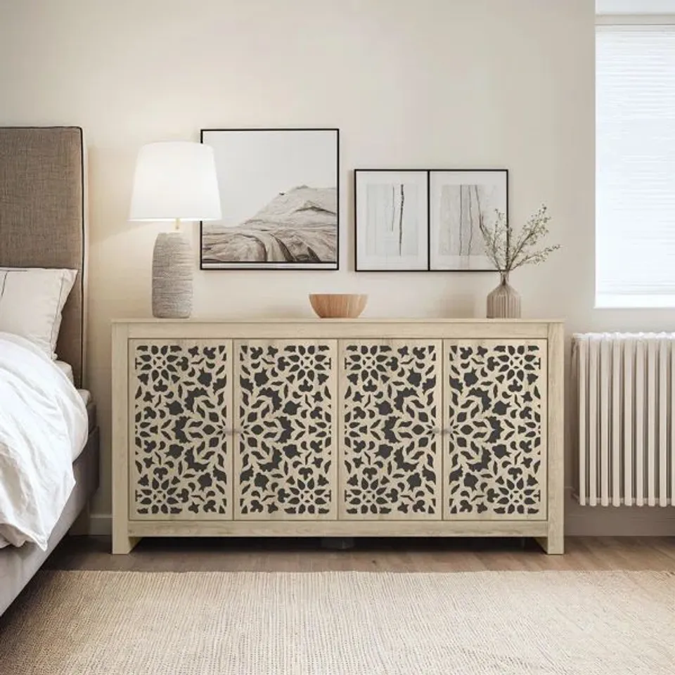 BOXED CULBREATH ARRASTIA 4 DOOR WIDE SIDEBOARD IN KNOTTY OAK EFFECT AND BLACK