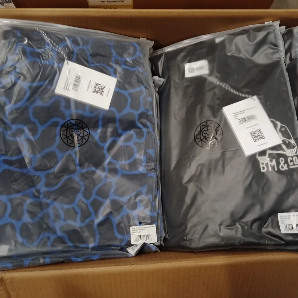 BOX OF MIXED ASSORTMENT OF BRAND NEW BRASS MONKEY CLOTHING ITEMS INCLUDING - MENS SWIMWEAR, T-SHIRTS, HOODIES, - MIXED SIZES - APPROXIMATELY 28 ITEMS