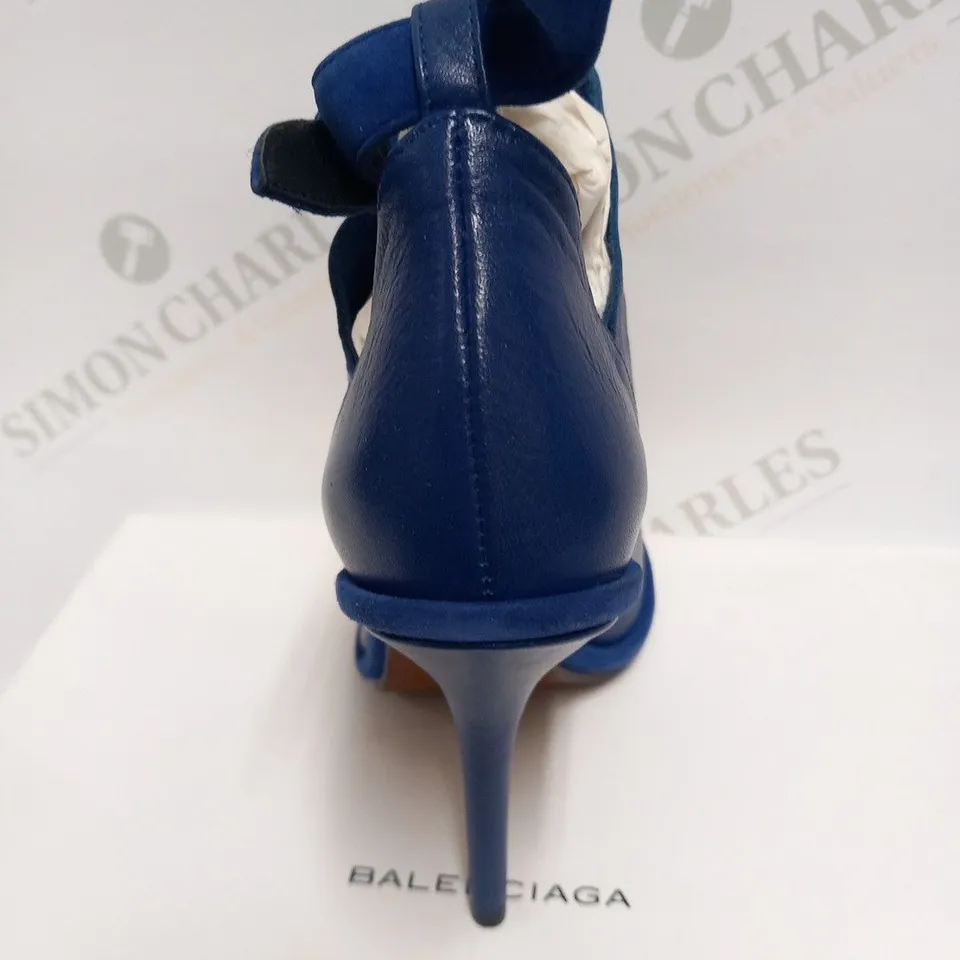 BOXED PAIR OF BALENCIAGA BLUE INDIGO LEATHER SANDAL SIZE 36