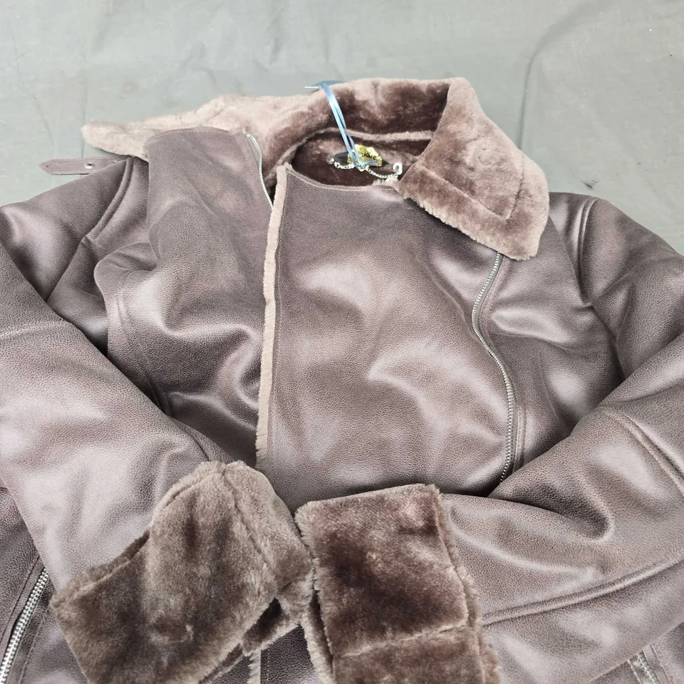 RUTH LANGSFORD FAUX FUR LINED AVIATOR JACKET IN BROWN - 12