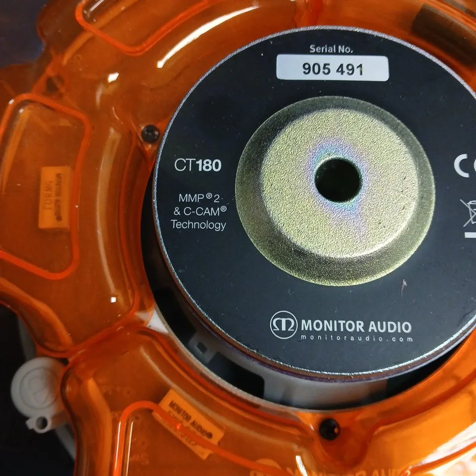 MONITOR AUDIO CT180 CEILING SPEAKER WITH ORANGE RING AND ROUND GRILLE