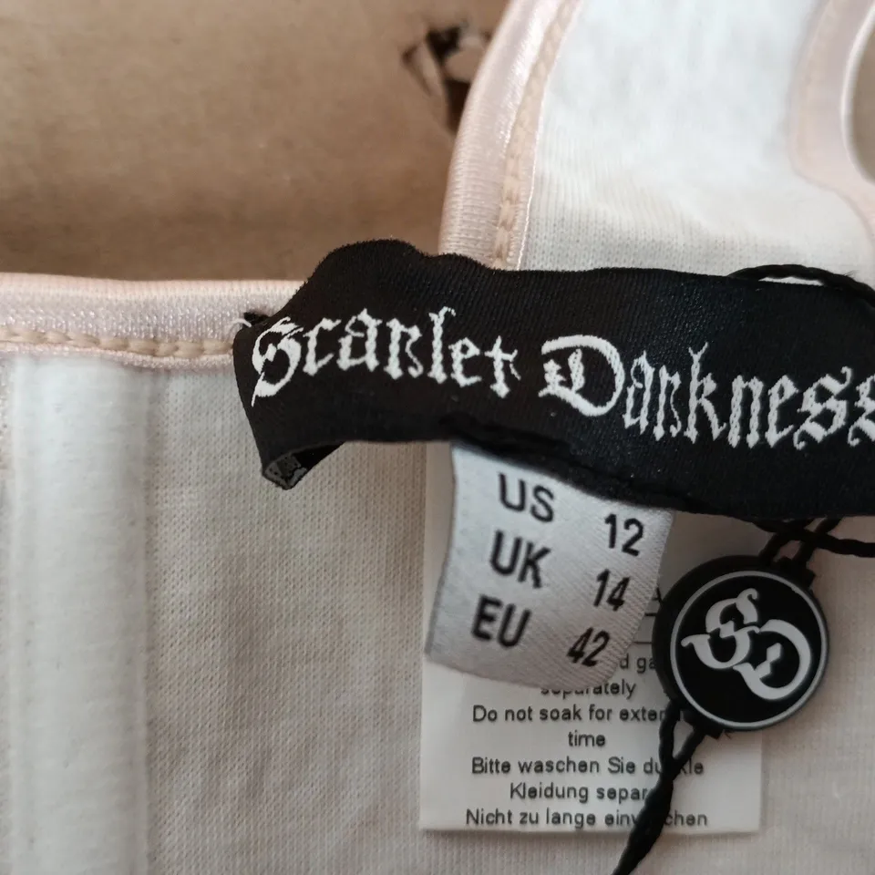 SCARLET DARKNESS VINTAGE CORSET TOP – WOMEN'S BUSTIER WITH LACE, CURVED HEM (UK 14, US 12, EU 42)