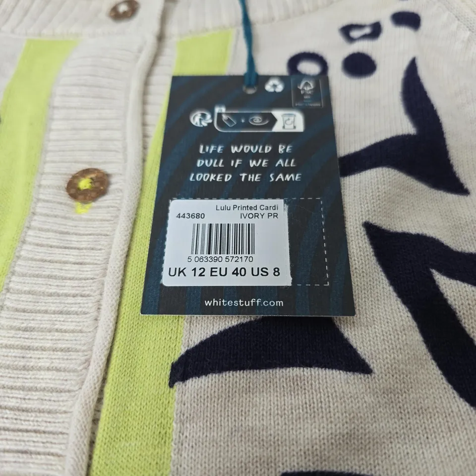 WHITESTUFF LULU PRINTED CARDIGAN – IVORY, UK 12 (EU 40 / US 8)