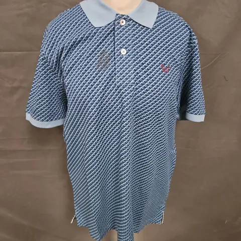 CREW CLOTHING COMPANY GEO PRINT POLO IN BLUES SIZE M