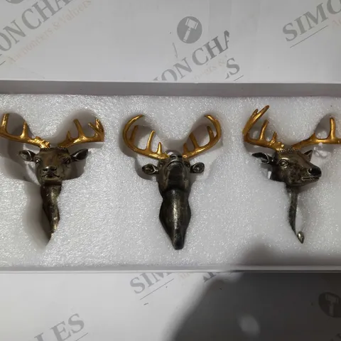 BOXED ALISON CORK SET OF 3 WALL HOOK STAGS WITH GIFT BOX