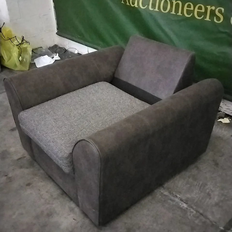DESIGNER BROWN LEATHER ARMCHAIR WITH GREY CUSHION