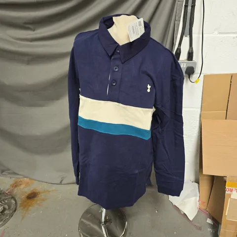 TOTTENHAM HOTSPUR POLO SHIRT – NAVY WITH CREAM & TEAL STRIPE, LARGE