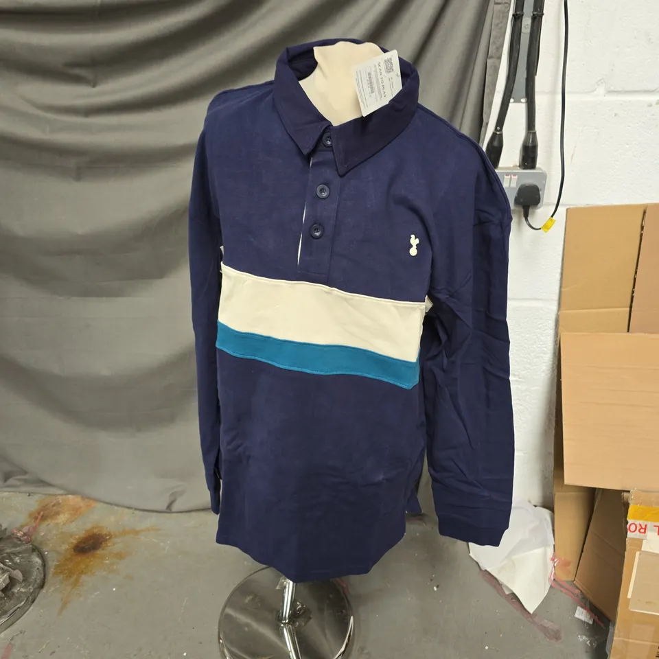 TOTTENHAM HOTSPUR POLO SHIRT – NAVY WITH CREAM & TEAL STRIPE, LARGE