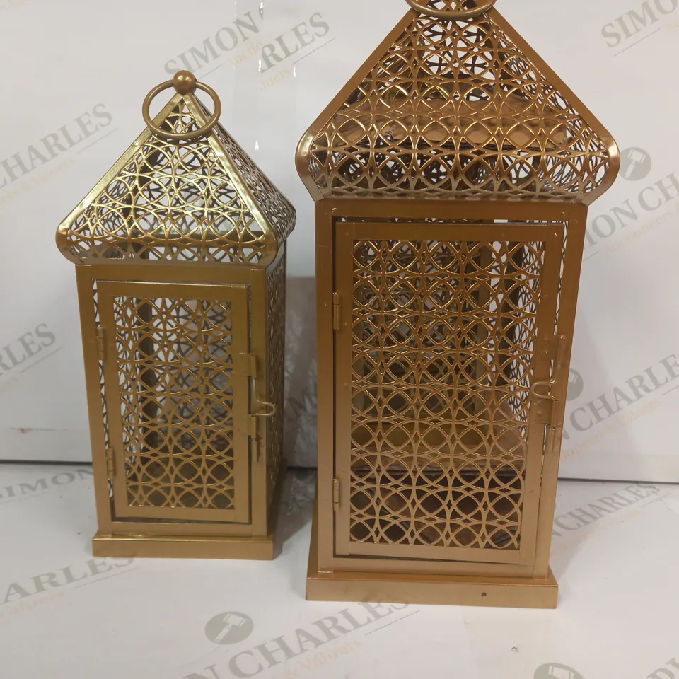 ALISON CORK SET OF INDOOR/OUTDOOR FRETWORK METAL LANTERNS GOLD