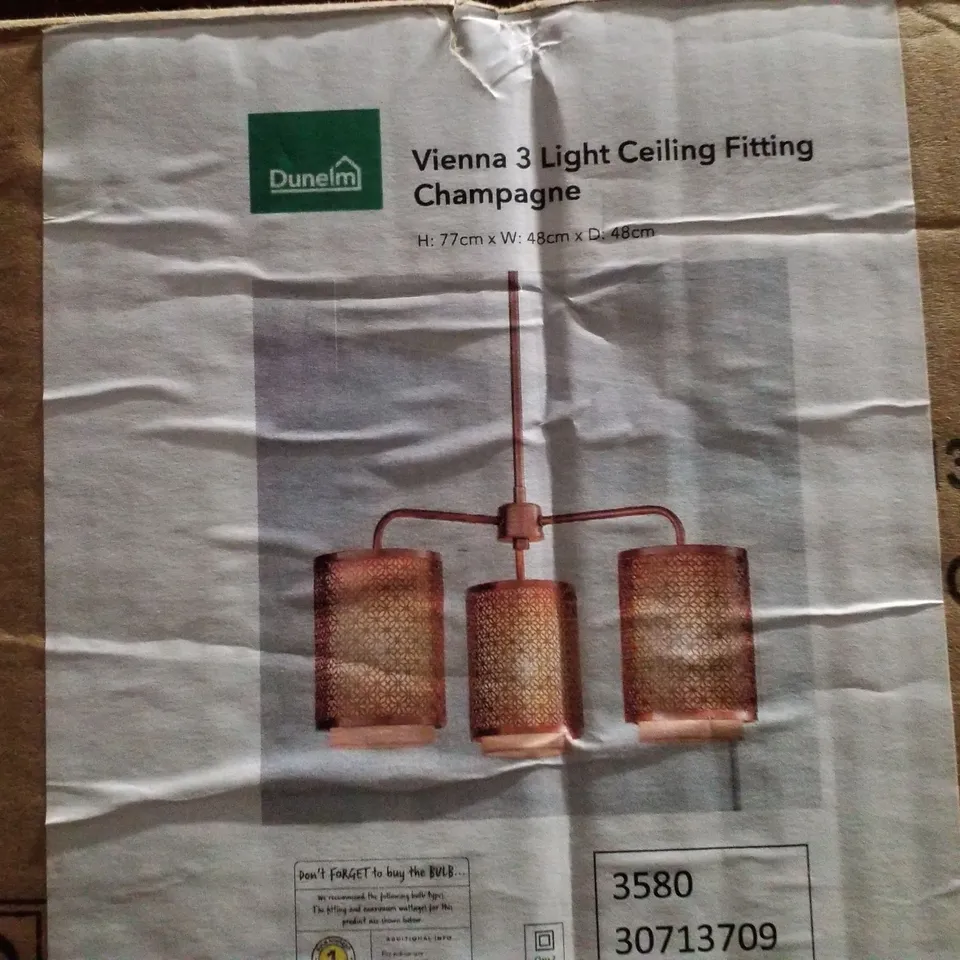 BOXED DUNELM VIENNA 3 LIGHT CEILING FITTING CHAMPAGNE