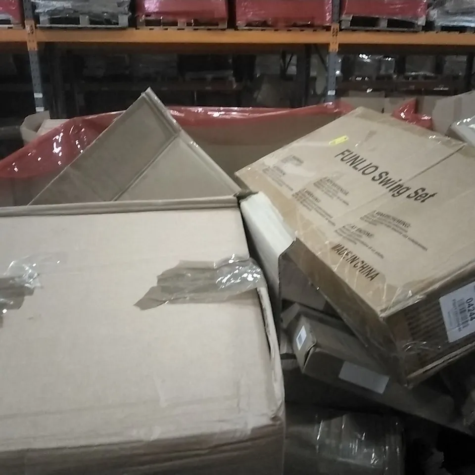 PALLET OF HOUSEHOLD ITEMS TO INCLUDE SWING SET,TV WALL MOUNT BRACKET,FLOOD LIGHTS, TOILET SEAT AND OTHER ASSORTED ITEMS...