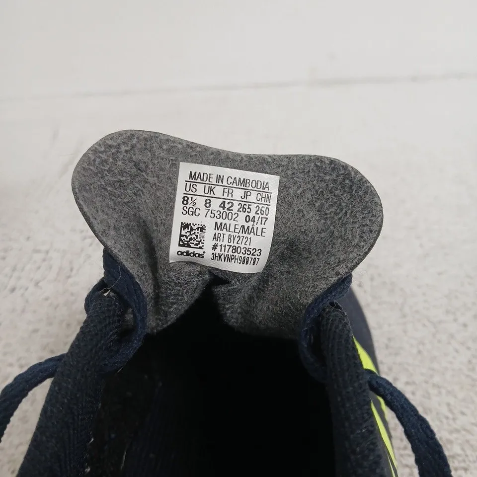ADIDAS FOOTBALL BOOTS NAVY WITH NEON YELLOW STRIPES, UK 8 (US 8.5)