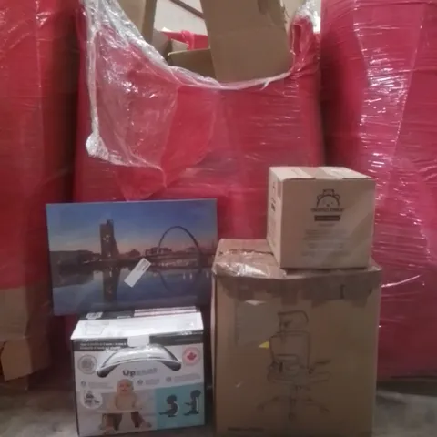 PALLET OF ASSORTED HOUSEHOLD GOODS AND FURNITURE TO INCLUDE; ERGONOMIC MESH OFFICE CHAIR, BABY UPBEAT, LONDON BRIDGE PAINTING ETC