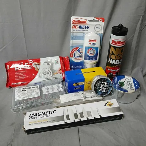 APPROXIMATELY 15 ASSORTED HOUSEHOLD ITEMS TO INCLUDE MAGNETIC KNIFE HOLDER, UNIBOND NO MORE NAILS, TACWISE BRAD NAILS, ETC