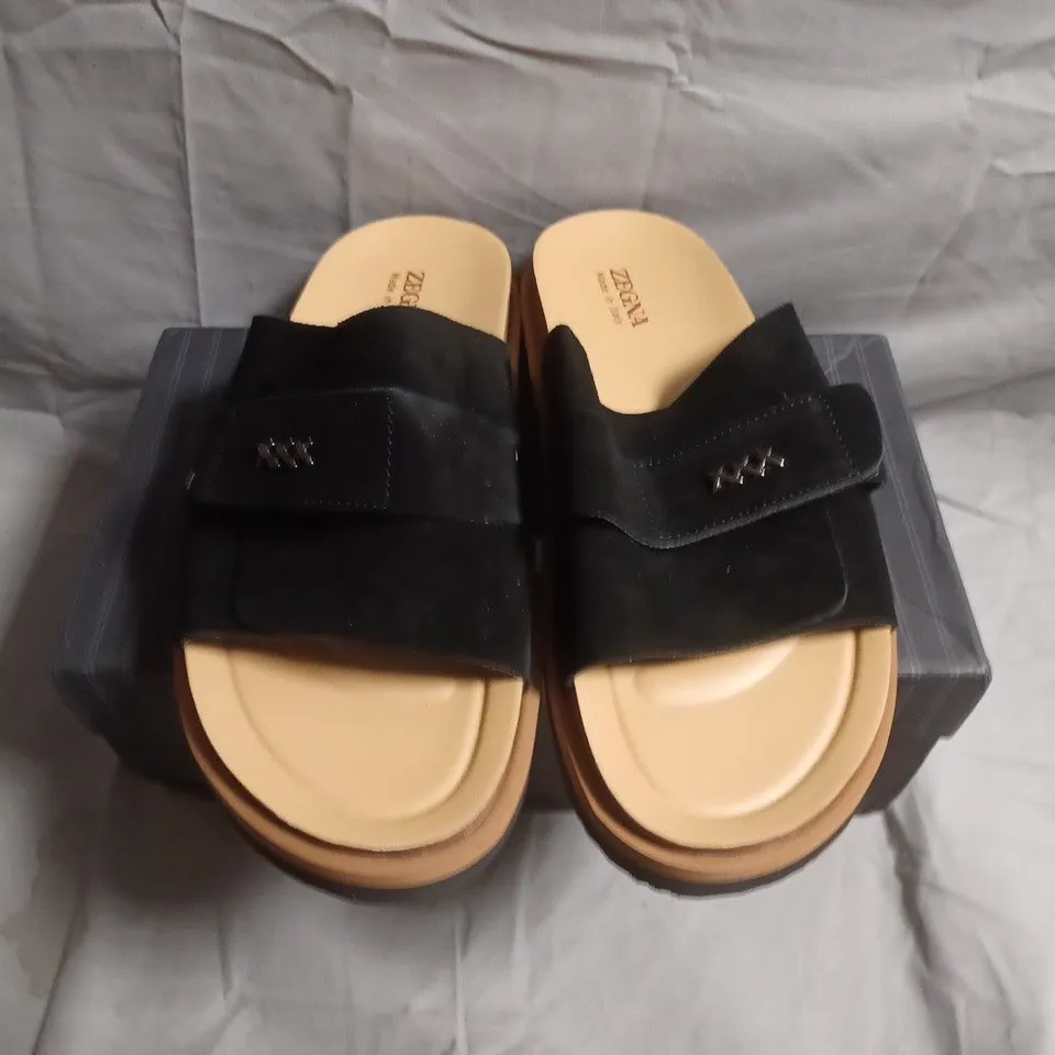 BOXED PAIRO OF ZEGNA BLACK VELVET STRAP SLIDE SANDALS – UK SIZE 10