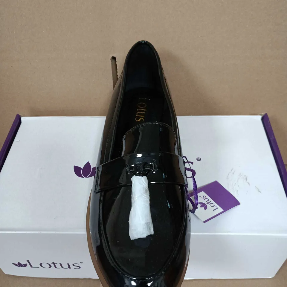 BOXED PAIR OF LOTUS PATENT LEATHER LOAFERS – BLACK – WOMEN'S - UK SIZE 6