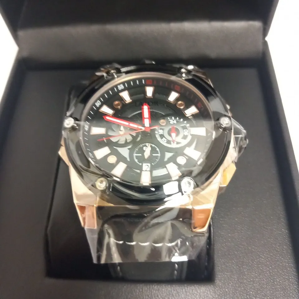 MEN’S LATOR CALIBRE 2261 CHRONOGRAPH WATCH – 42 MM IP PLATED CASE – BLACK DIAL - CHRONOGRAPH MOVEMENT WITH DATE – LEATHER STRAP 