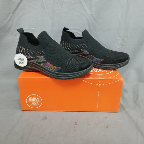 BOXED PAIR OF URBAN JACKS SLIP-ON SHOES IN BLACK/MULTI SIZE 5