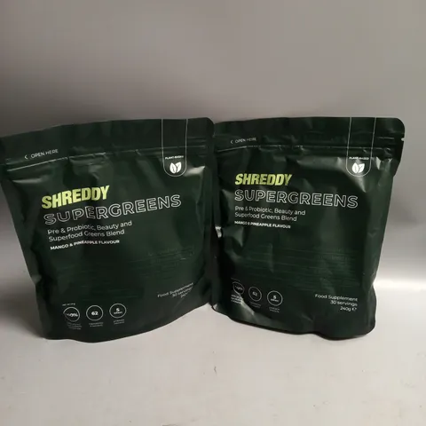 LOT OF 2 SHREDDY SUPERGREENS PRE & PROBIOTIC FOOD SUPPLEMENT MANGO & PINEAPPLE FLAVOUR