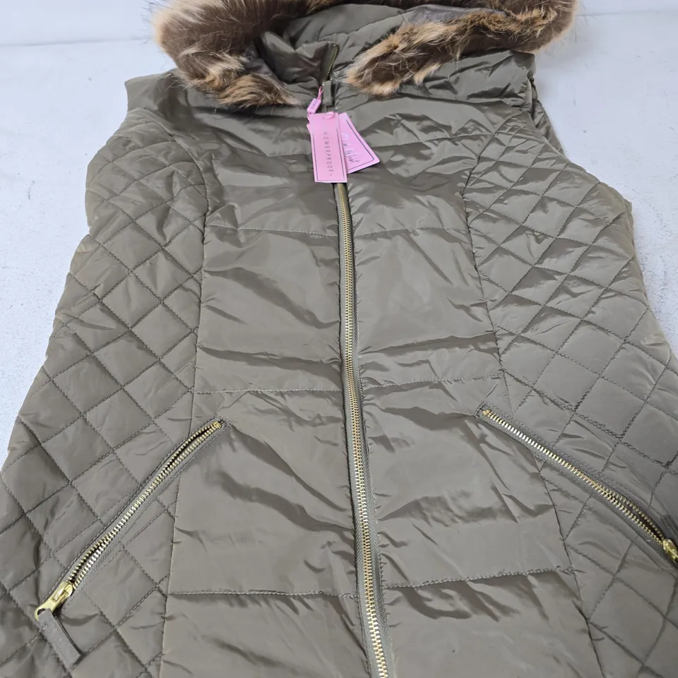 CHARLOTTE WEST HARLEY QUILTED FUR HOOD LONG GILET, SAGE - SIZE 16